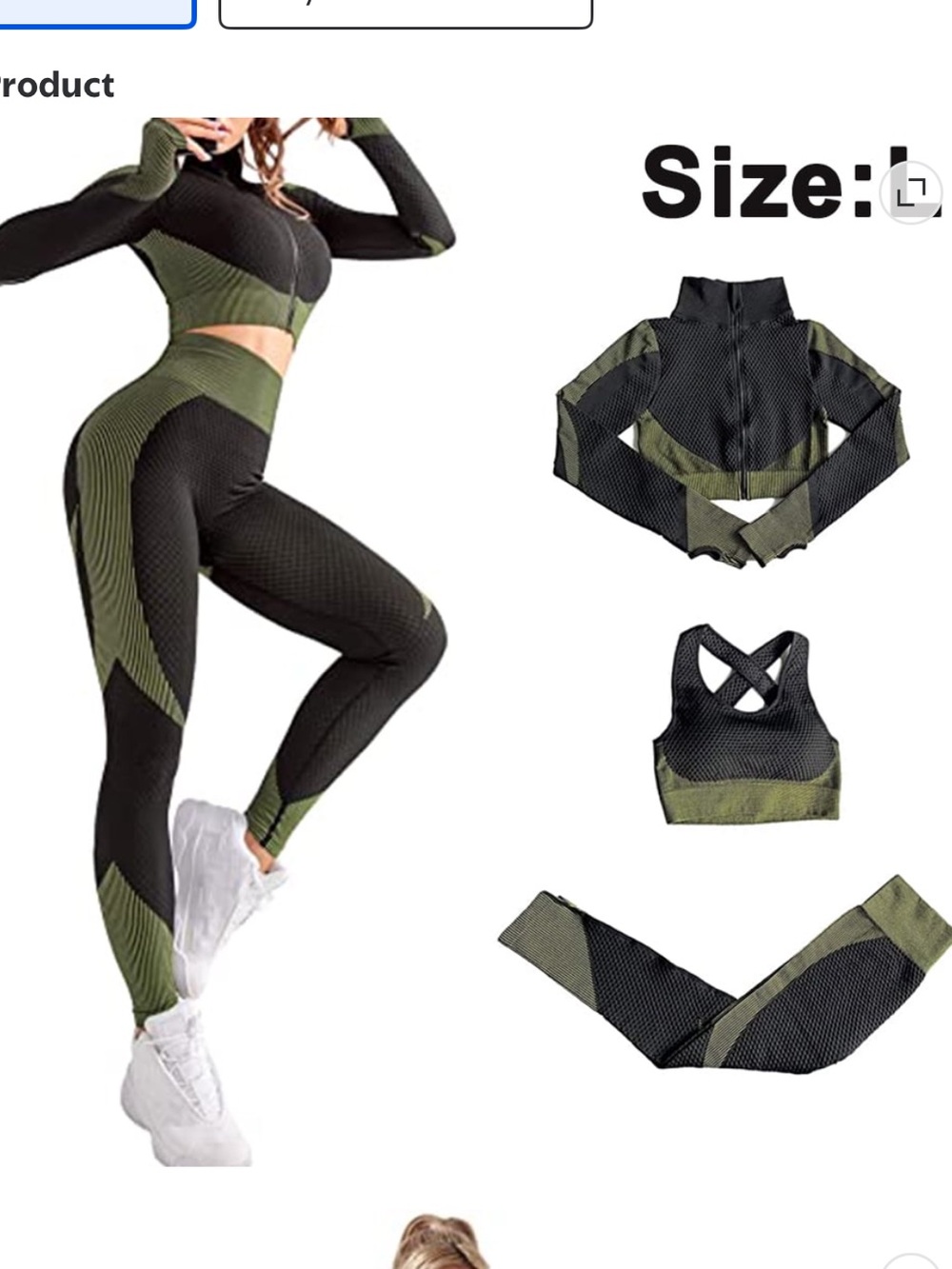 Workout outfit 3 Piece: Leggings, Sports Bra, Long Sleeves Jacket, Black / Green